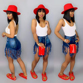 Zerrissene, Quasten-Shorts aus gebürstetem Denim, lässige, gerade Hose